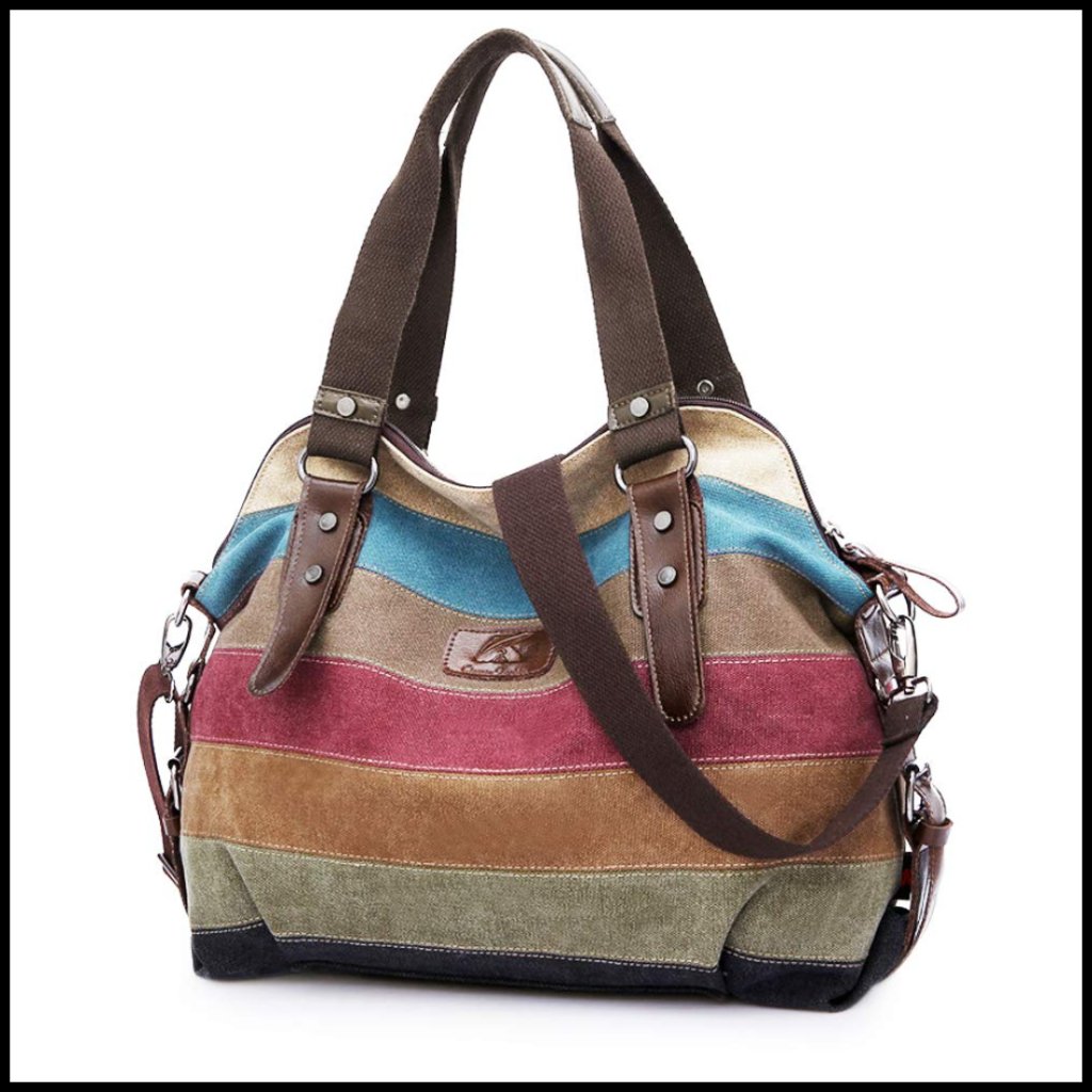 Canvas Crossbody Shoulder Bag Multi-Color Striped Lattice Tote Purse Chic Casual